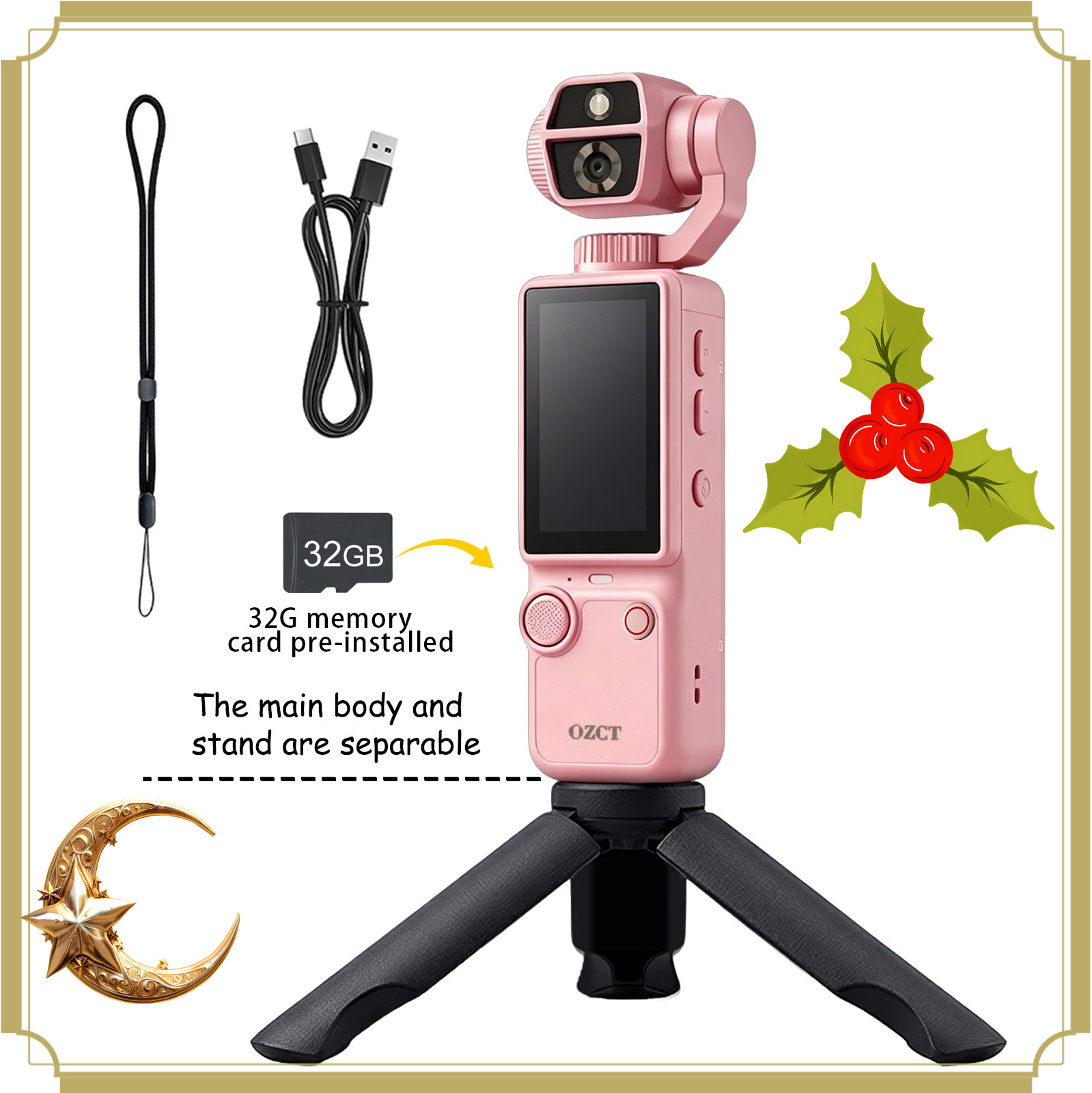 Kit rosa com câmera, cartão de 32 GB, tripé, cabo e alça
