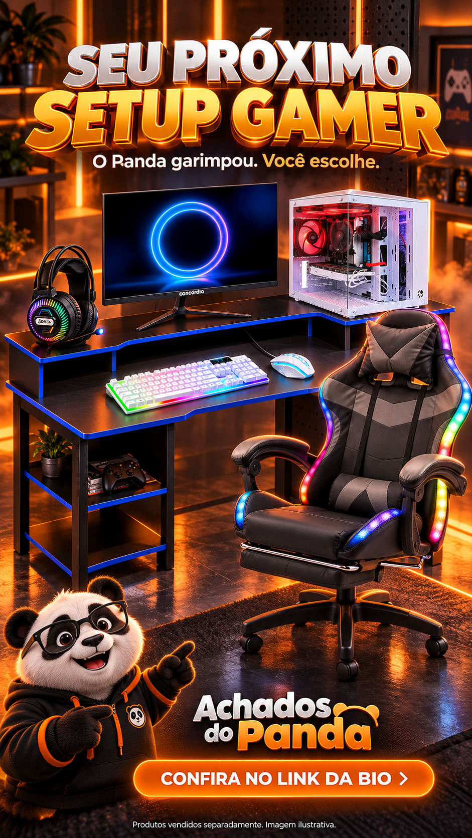 Composição 3D ilustrativa de um setup gamer com PC aquário, monitor, cadeira e periféricos RGB